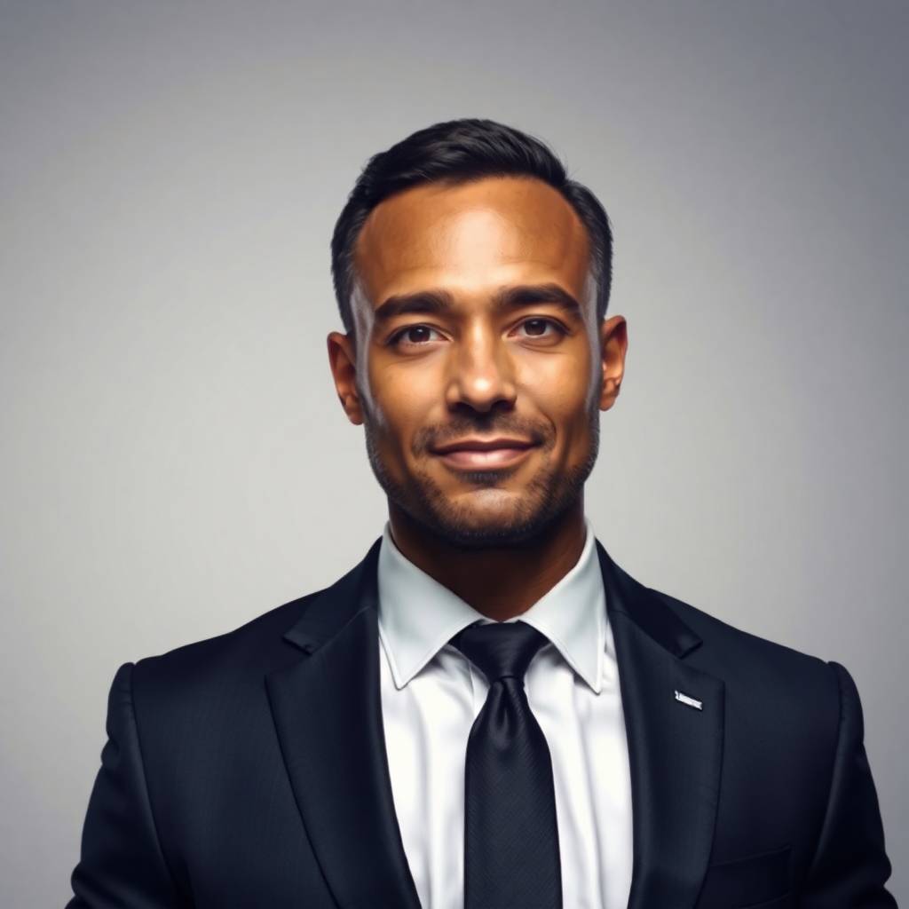 Smooth gradient transition. Confident man, sharp suit, calm expression, minimalistic background. Leadership, self-assurance. Seamless color blending